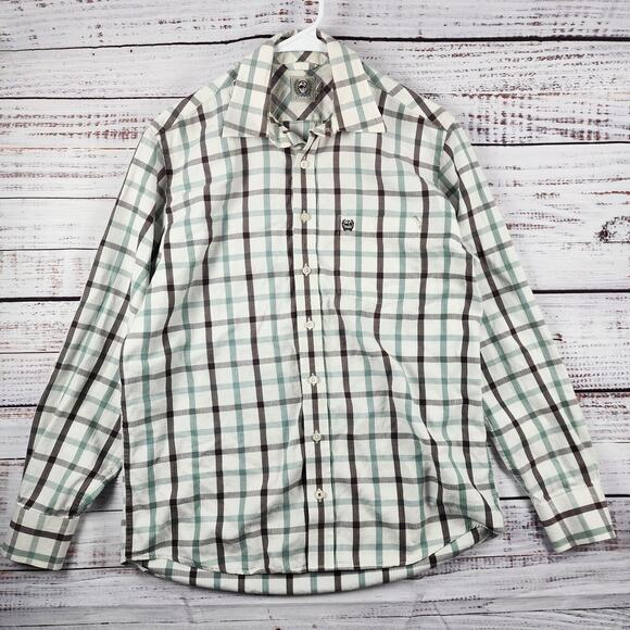Cinch Western Button-Up Shirt M Green Brown Plaid Logo Pocket Cowboy Ranch - Picture 1 of 7